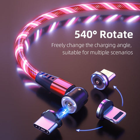 540 Rotate Luminous Magnetic Cable 3A Fast Charging Mobile Phone Charge Cable For LED Micro USB Type C For I Phone Cable - Ryprime